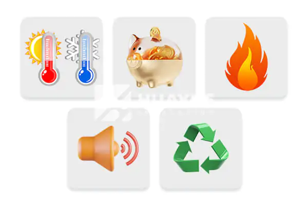 A collage of icons representing benefits: thermometer, piggy bank, flame, sound wave, recycle symbol