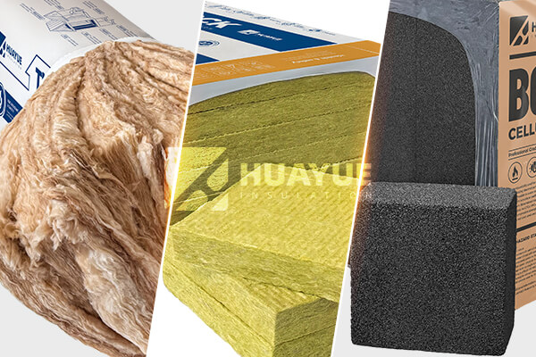 A display showing fiberglass, rock wool, and foam glass insulation side-by-side
