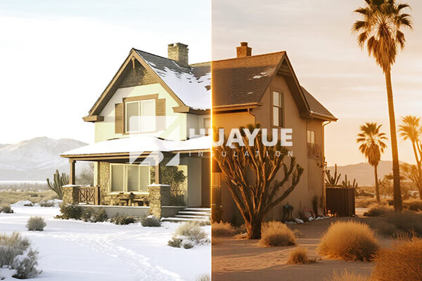 A split image showing a snowy cold climate and a hot sunny climate
