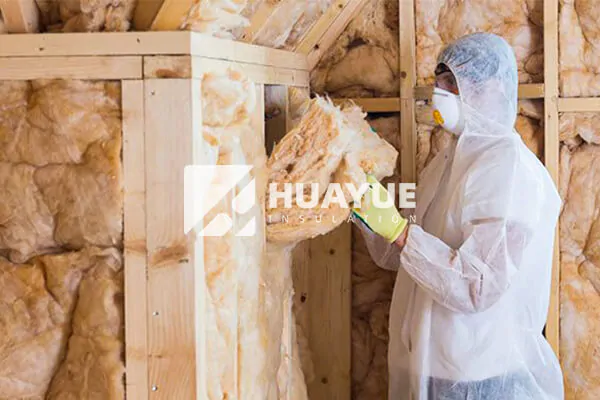A professional installer fitting a batt of fiberglass insulation between wall studs