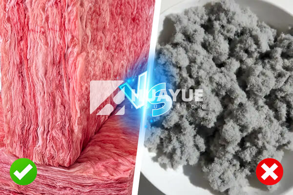 A split image showing pink fiberglass on one side and grey cellulose on the other