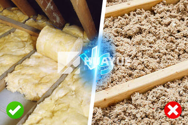 A side-by-side comparison image of fibreglass batts and spray foam insulation