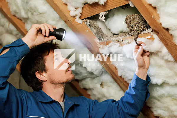 A person in an attic pointing a flashlight at clear signs of damage like a large water stain