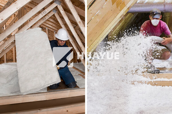 A split image showing a DIYer easily placing a fiberglass batt vs. a professional with a large blowing machine for cellulose