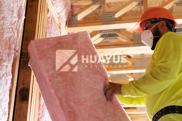 A construction site with builders installing pink fiberglass batts into the frame of a new house
