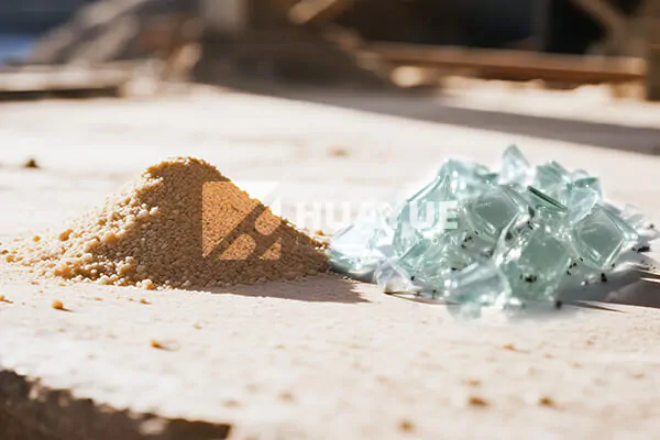 A close-up shot of raw materials for fiberglass: sand and recycled glass shards