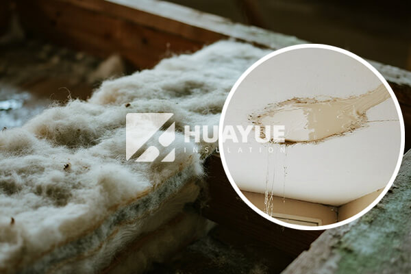 A water-stained ceiling and a close-up of wet, matted-down fiberglass insulation