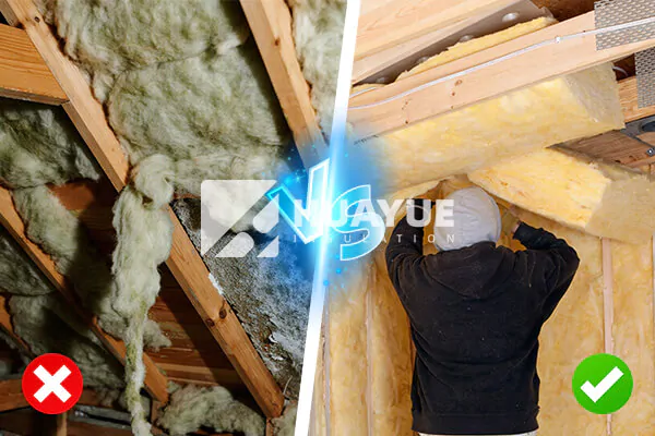 A split image showing damaged, moldy insulation on one side and clean, new insulation on the other