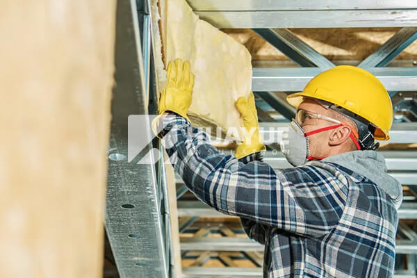 HUAYUE rock wool insulation being installed as a fire-stop in a commercial building