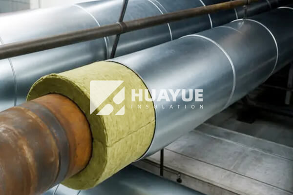 Insulated industrial pipe section with rock wool