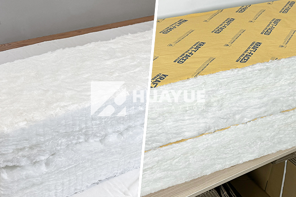 Close-up detail of faced vs unfaced fiberglass batt insulation comparison