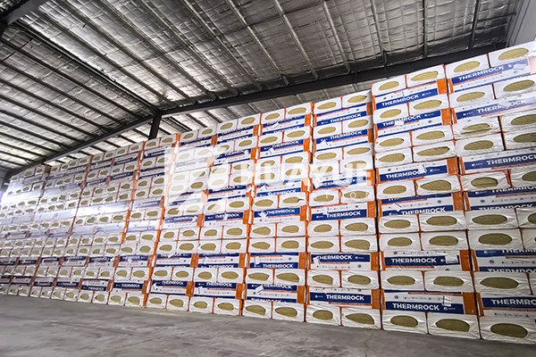 Rock wool insulation stored in warehouse ready for distribution