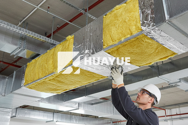 alt text: glass wool blanket applied to ductwork in high-humidity area