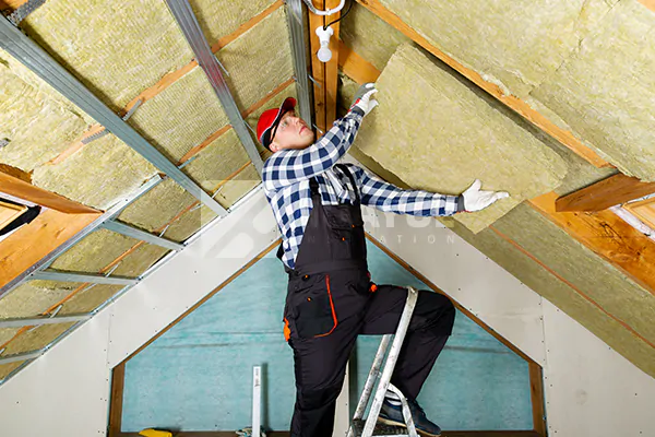 Rock wool batt installed between floor joists