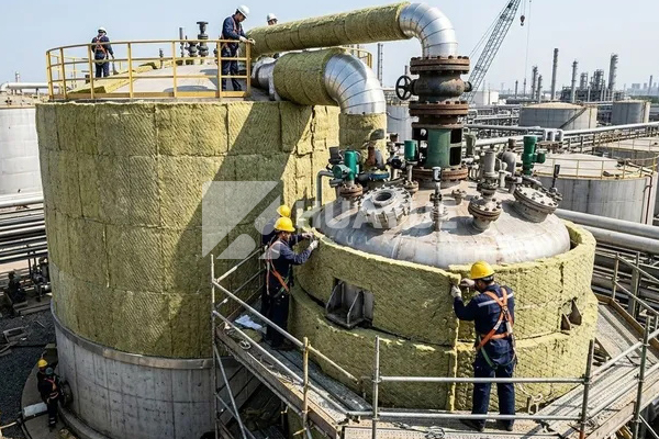 Rock wool blanket wrapped around curved equipment with an outer protection layer